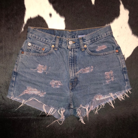High waisted distressed Levi denim shorts, 28 W